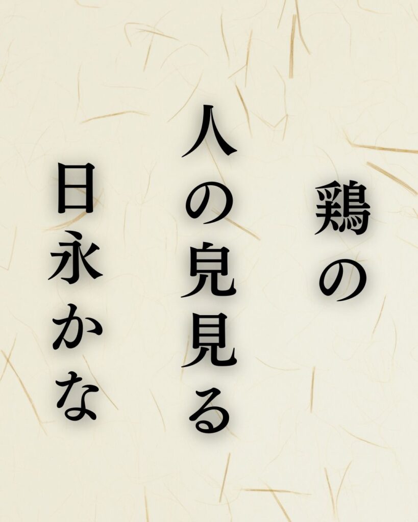 小林一茶の春の俳句5選vol.2-代表作をわかりやすく解説!「鶏の 人の皃見る 日永かな」この俳句を記載した画像