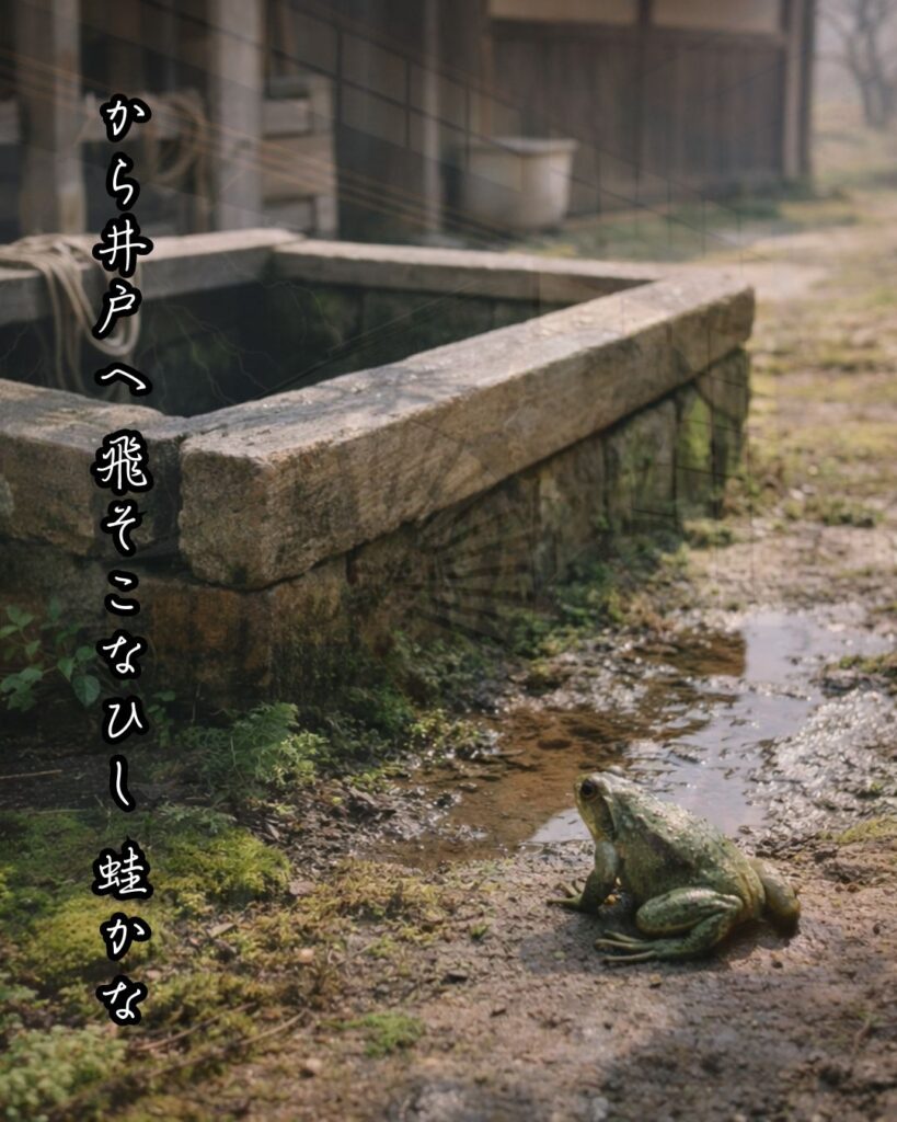 「有名俳人たちの俳句と情景に心を委ねる」「から井戸へ　飛そこなひし　蛙かな」この俳句をイメージした画像