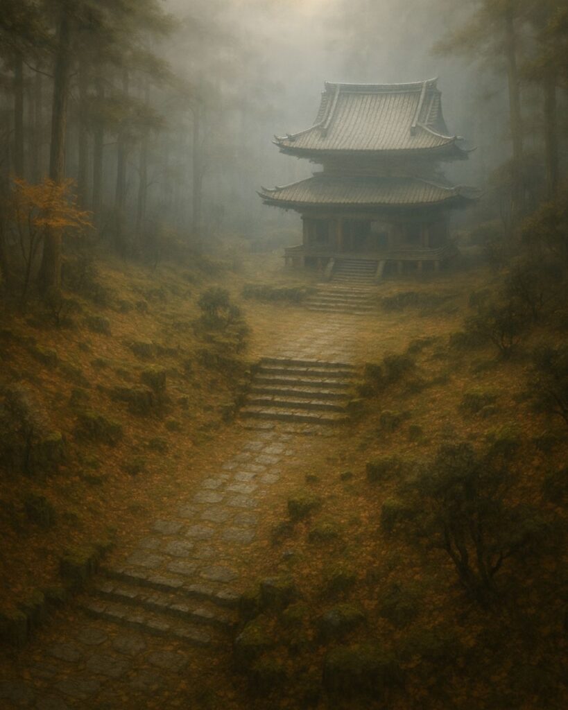 百人一首第95番 慈円『おほけなく』背景解説–憂き世を救ふ「おほけなく　憂き世の民に　おほふかな　わが立つ杣に　墨染の袖」の情景をテーマにしたイメージの画像