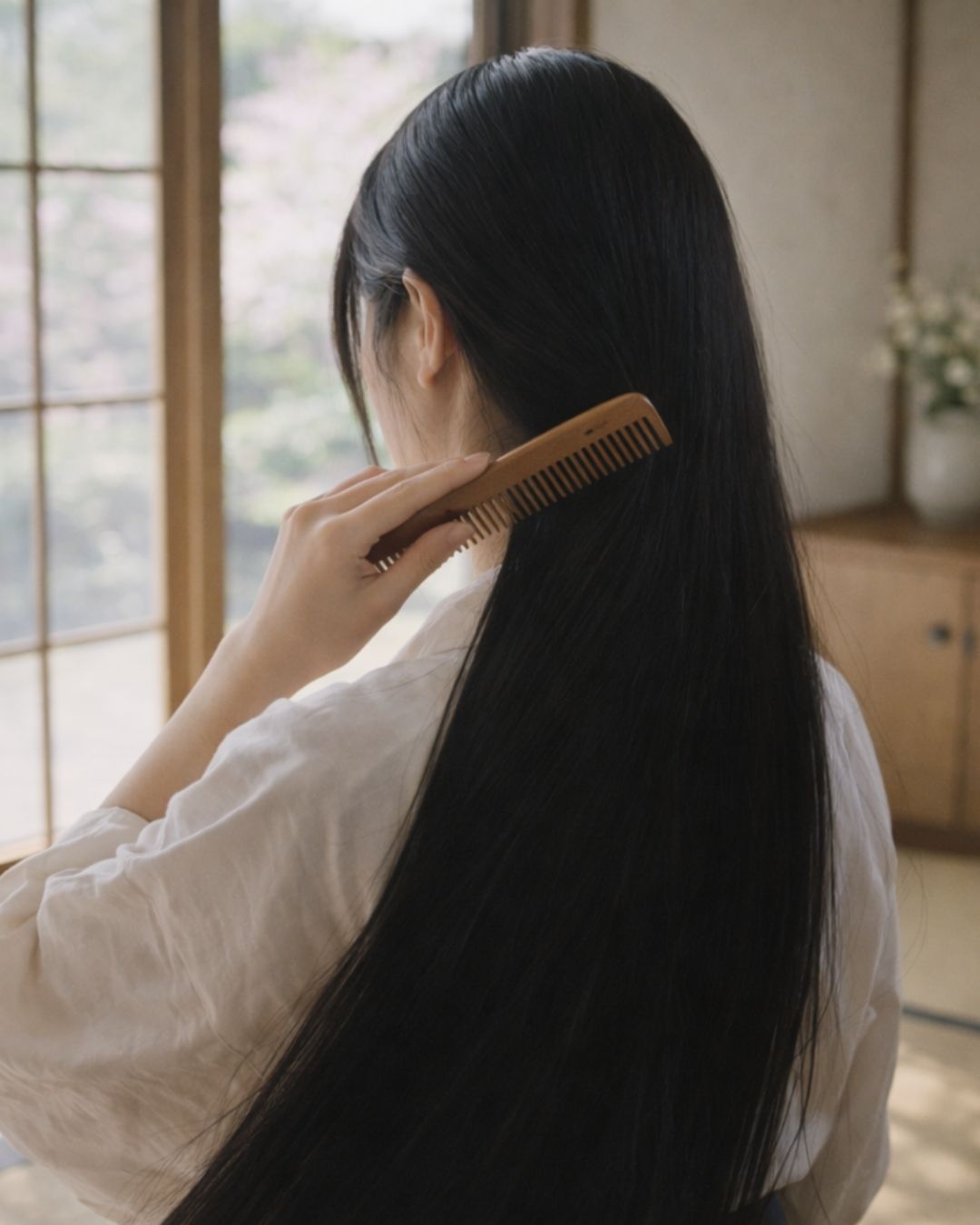 与謝野晶子の春の短歌5選vol.2–代表作をわかりやすく解説!「その子二十 櫛に流るる 黒髪の おごりの春の 美しきかな」この短歌をイメージした画像