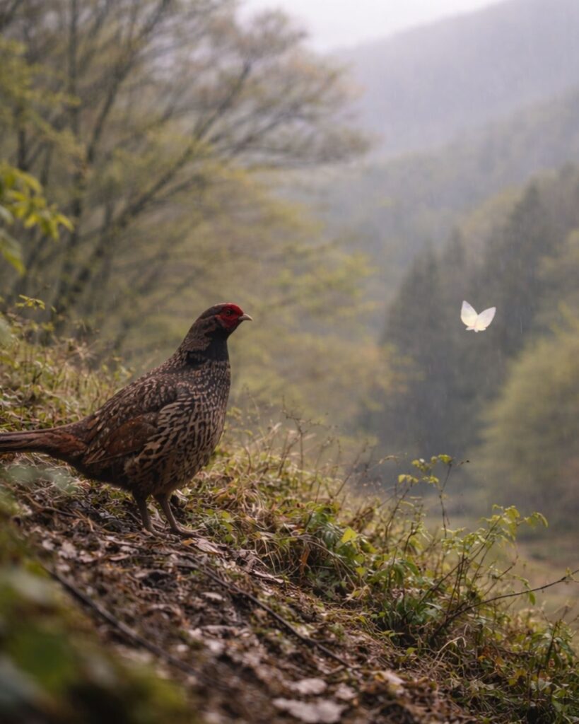 小林一茶の春の俳句5選vol.2-代表作をわかりやすく解説!「山鳥の ほろほろ雨や とぶ小蝶」この俳句をイメージした画像
