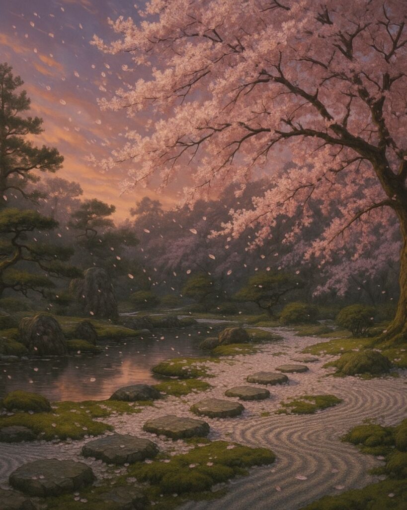 百人一首第96番 西園寺公経『花さそふ』背景解説–花と無常「花さそふ　嵐の庭の　雪ならで　ふりゆくものは　わが身なりけり」の情景をテーマにしたイメージの画像
