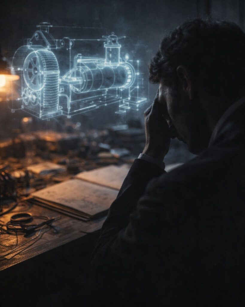 ニコラ・テスラの名言9選–未来を照らす思考「私は装置をまず頭の中で完成させ、そこで何度も改良を重ねる。」この名言のイメージイラスト