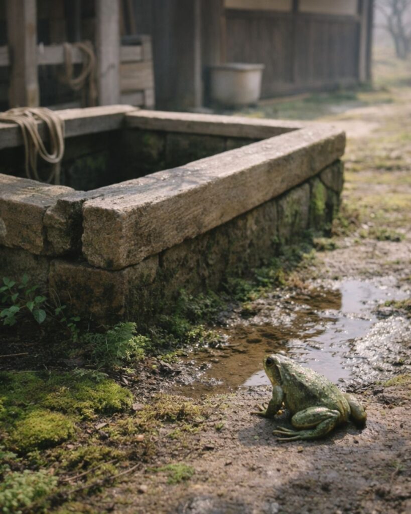 上嶋鬼貫の春の俳句5選-代表作をわかりやすく解説！「から井戸へ　飛そこなひし　蛙かな」この俳句をイメージした画像