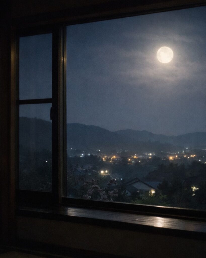 正岡子規の春の短歌5選vol.2 – 代表作をわかりやすく解説！「ふる郷を かなたの空と ながむれば 窓にさし入る おぼろ月かな」この短歌をイメージした画像