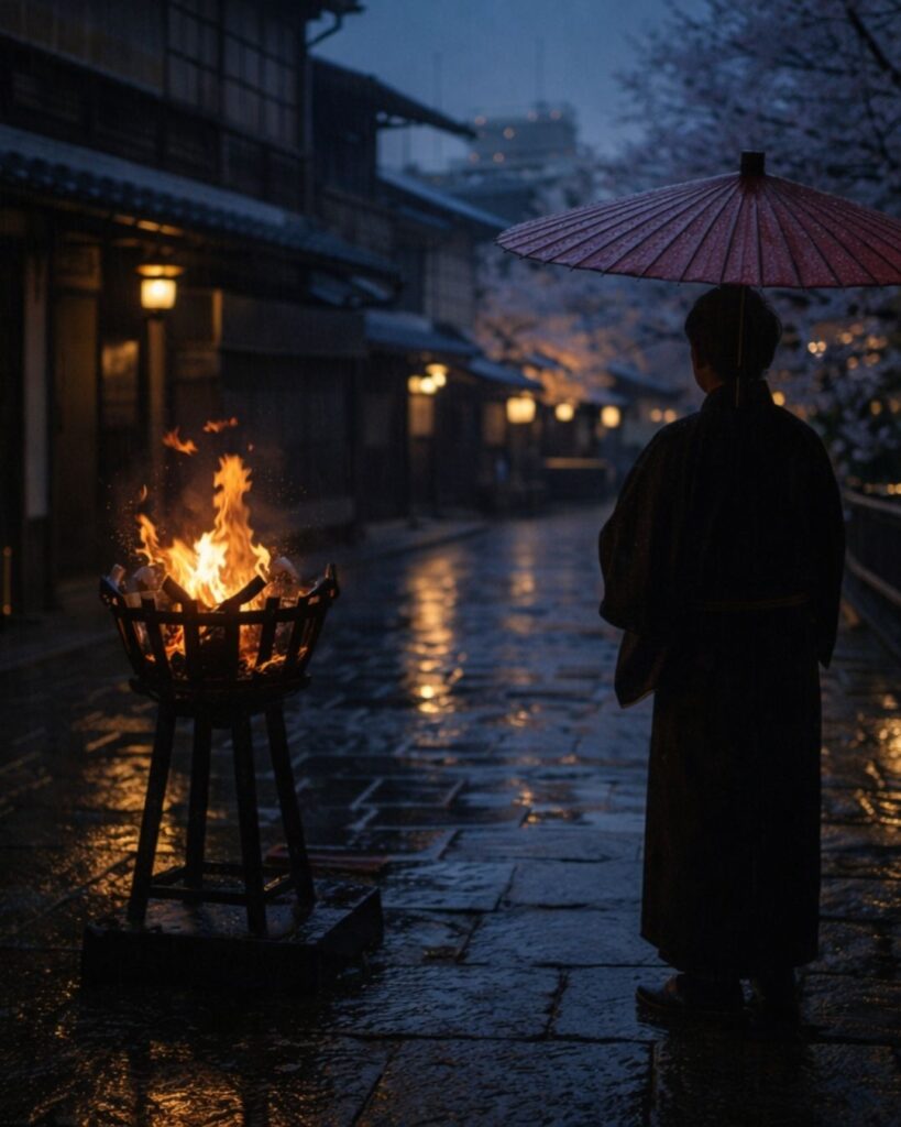 後藤夜半の春の俳句5選-代表作をわかりやすく解説!「傘さして 都をどりの 篝守」この俳句をイメージした画像