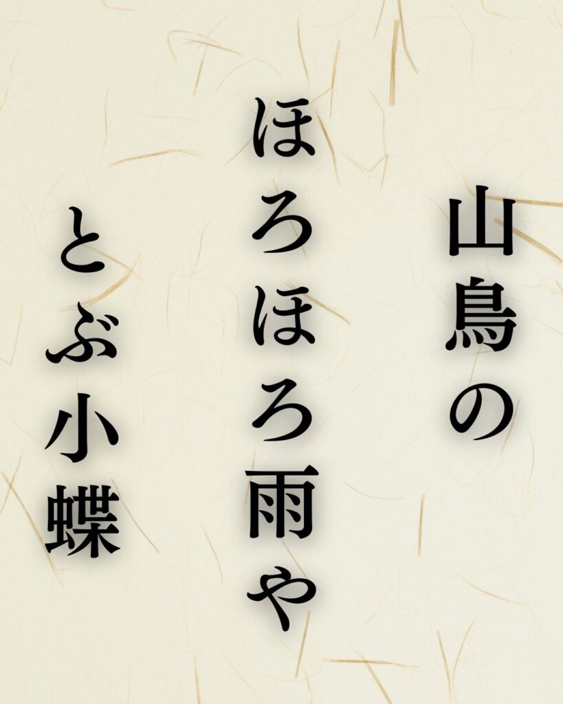 小林一茶の春の俳句5選vol.2-代表作をわかりやすく解説!「山鳥の ほろほろ雨や とぶ小蝶」この俳句を記載した画像