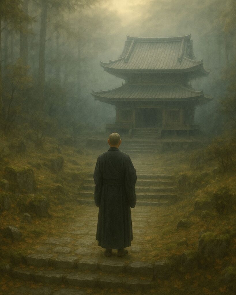 百人一首第95番 慈円『おほけなく』背景解説–憂き世を救ふ「おほけなく　憂き世の民に　おほふかな　わが立つ杣に　墨染の袖」の情景をテーマにしたイメージの画像
