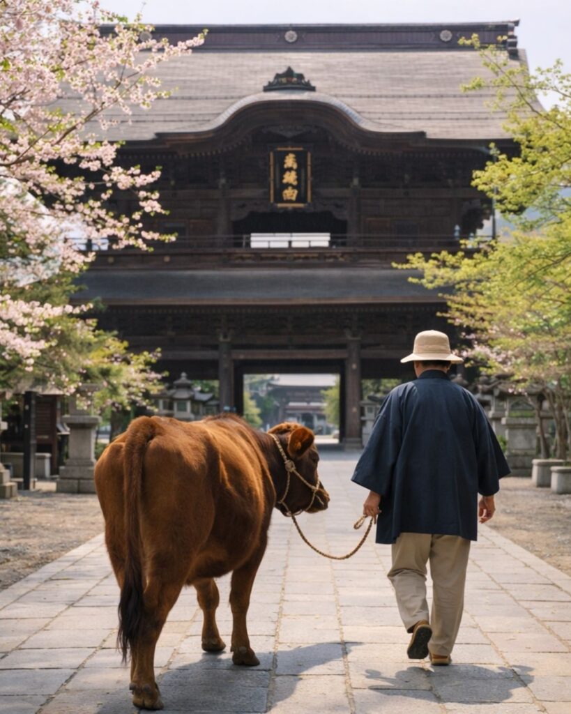 小林一茶の春の俳句5選vol.2-代表作をわかりやすく解説!「春風や 牛に引かれて 善光寺」この俳句をイメージした画像