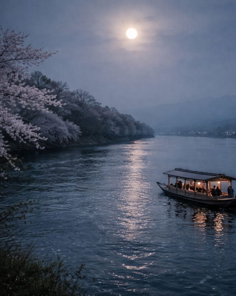 与謝蕪村の春の俳句5選vol.2-代表作をわかりやすく解説!「おぼろ月 大河をのぼる 御舟かな」この俳句をイメージした画像