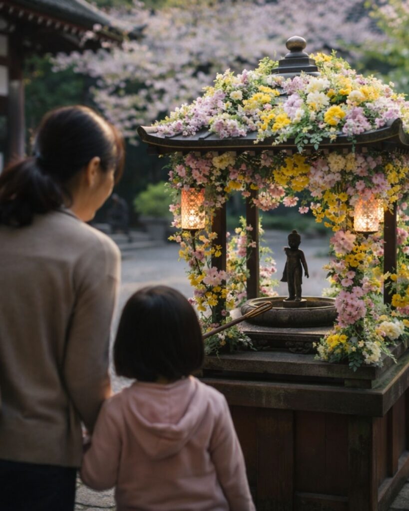 後藤夜半の春の俳句5選-代表作をわかりやすく解説!「なつかしく 子につきめぐる 花御堂」この俳句をイメージした画像