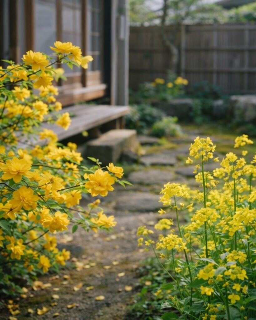 正岡子規の春の俳句5選vol.2-代表作をわかりやすく解説!「山吹も 菜の花も咲く 小庭哉」この俳句をイメージした画像