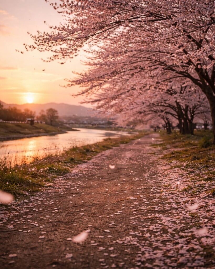 高浜虚子の春の俳句5選vol.2-代表作をわかりやすく解説！「ちる時を　夕風さそふ　さくらかな」この俳句をイメージした画像