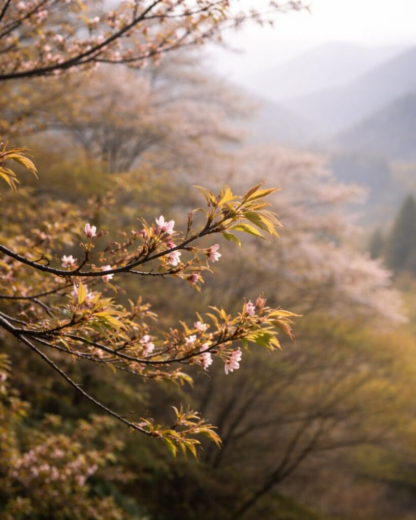 若山牧水の春の短歌5選vol.2–代表作をわかりやすく解説！「うす紅に 葉はいちはやく 萌えいでて 咲かむとすなり 山ざくら花」この短歌をイメージした画像
