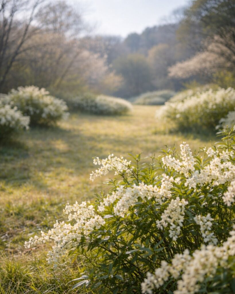 水原秋桜子の春の俳句5選vol.2-代表作をわかりやすく解説!「来しかたや 馬酔木咲く野の 日のひかり」この俳句をイメージした画像