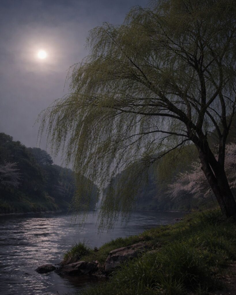 樋口一葉の春の短歌5選vol.2–代表作をわかりやすく解説！「打ちなびく 柳をみれば のどかなる 朧月夜も 風はありけり」この短歌をイメージした画像