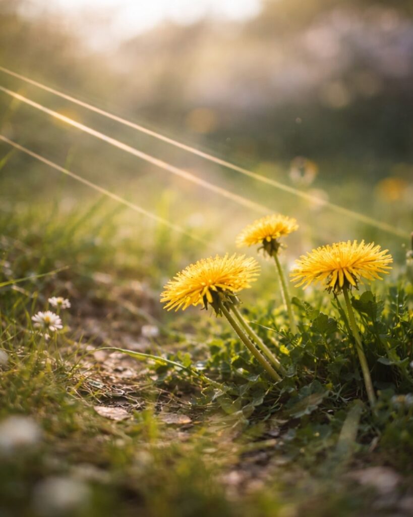 北原白秋の春の短歌5選vol.2–代表作をわかりやすく解説!「たんぽぽに 誰がさし置きし 三すぢほど 日に光るなり 春の三味線」この短歌をイメージした画像