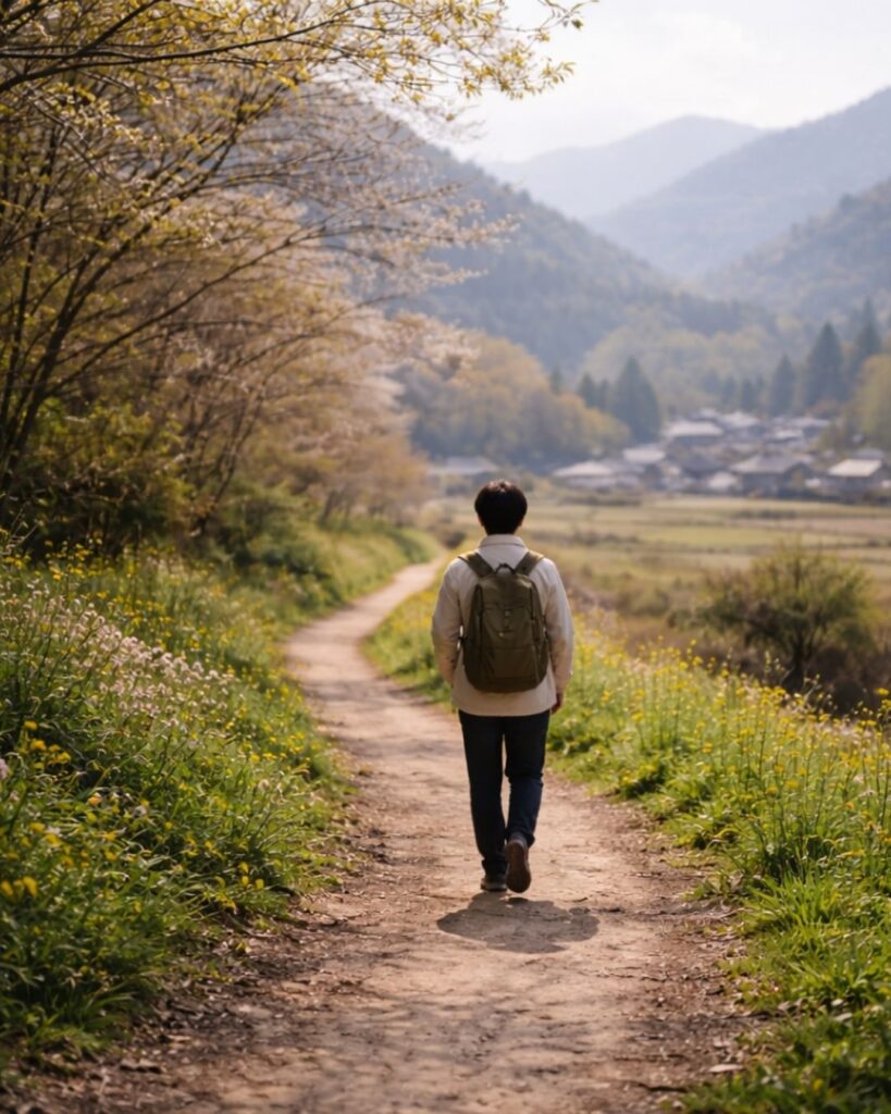 高浜虚子の春の俳句5選vol.2-代表作をわかりやすく解説！「おひつくも　おくるるも春の　一人旅」この俳句をイメージした画像