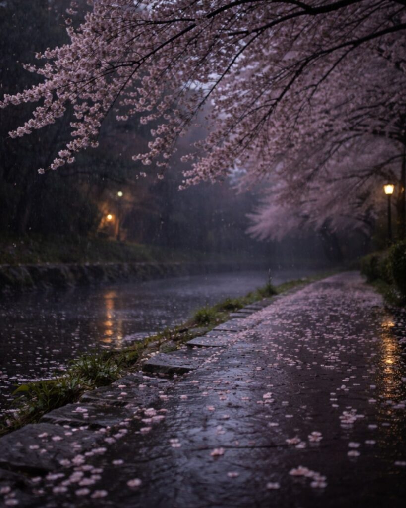 樋口一葉の春の短歌5選vol.2–代表作をわかりやすく解説！「散そめし 桜を見れば 今宵ふる 雨のうちにや 春は行くらん」この短歌をイメージした画像