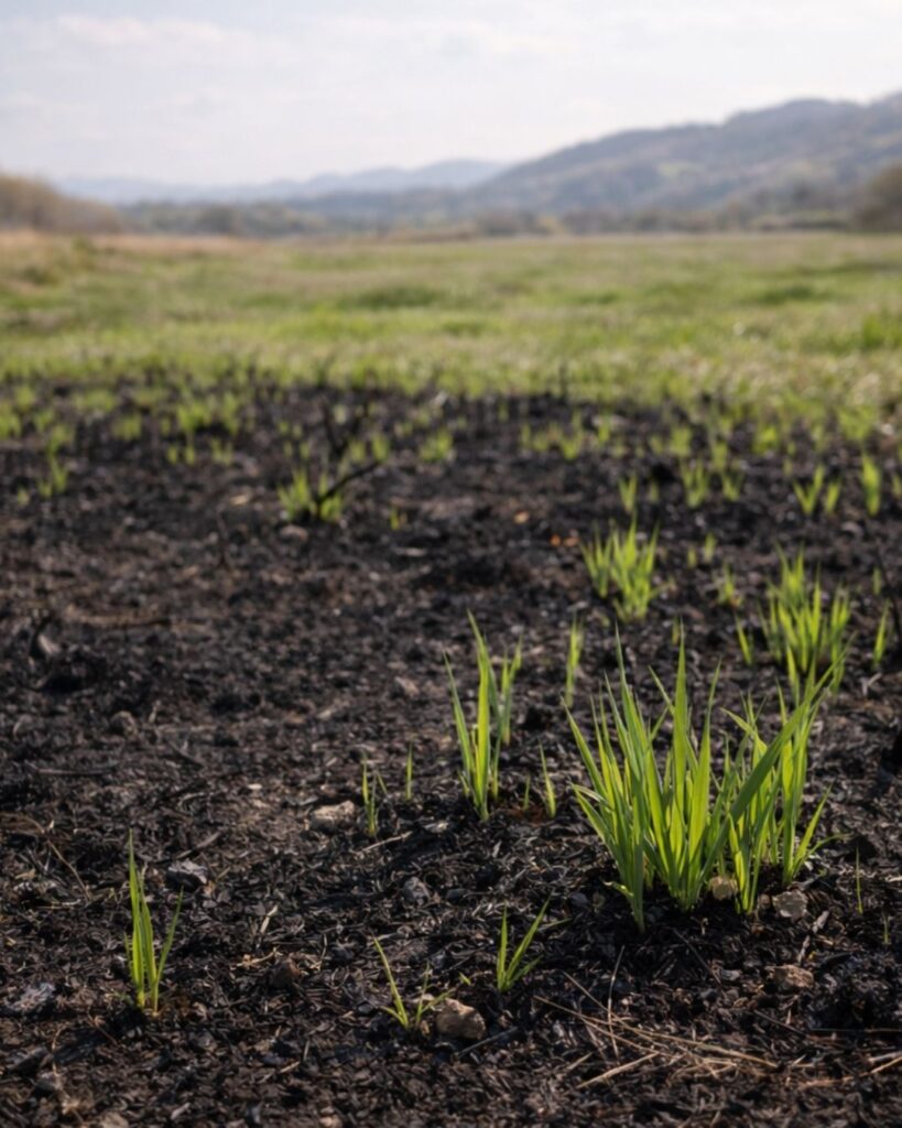 石田波郷の春の俳句5選-代表作をわかりやすく解説！「草萌や　野焼の跡の　すでに濃き」この俳句をイメージした画像