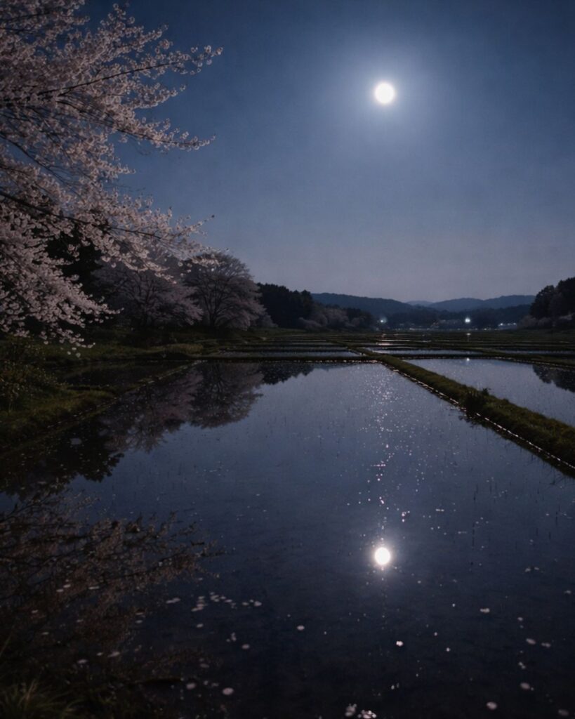 水原秋桜子の春の俳句5選vol.2-代表作をわかりやすく解説!「夜桜や 水田の月を みぎひだり」この俳句をイメージした画像