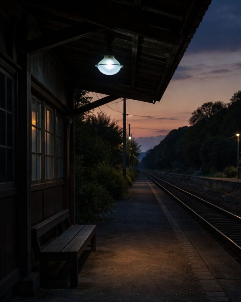 山口誓子の春の俳句5選vol.2-代表作をわかりやすく解説！「駅燈の　青きを提げて　遅日暮る」この俳句をイメージした画像