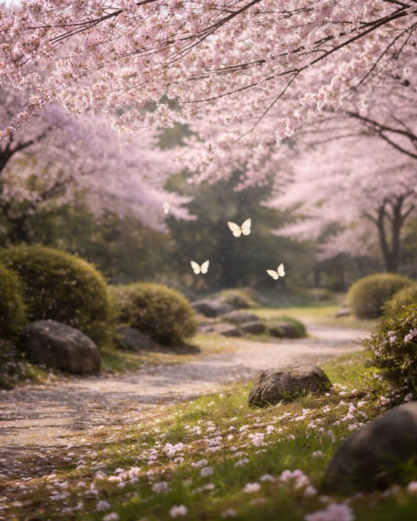 樋口一葉の春の短歌5選vol.2–代表作をわかりやすく解説！「誰が夢を 出でてきぬらん 桜花 匂へる園に 遊ぶこてふは」この短歌をイメージした画像