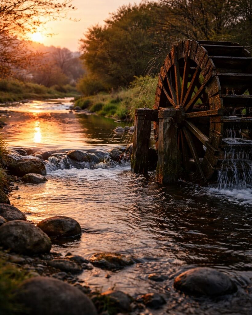 北原白秋の春の短歌5選vol.2–代表作をわかりやすく解説!「ゆく水に 赤き日のさし 水ぐるま 春の川瀬に やまずめぐるも」この短歌をイメージした画像