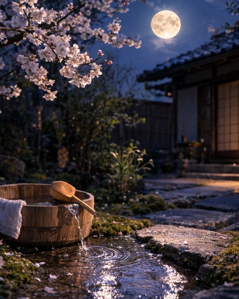 石田波郷の春の俳句5選-代表作をわかりやすく解説！「春の月　産湯をすつる　音たてて」この俳句をイメージした画像