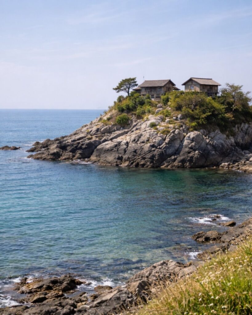 高浜虚子の春の俳句5選vol.2-代表作をわかりやすく解説！「春潮や　巌の上の　家二軒」この俳句をイメージした画像