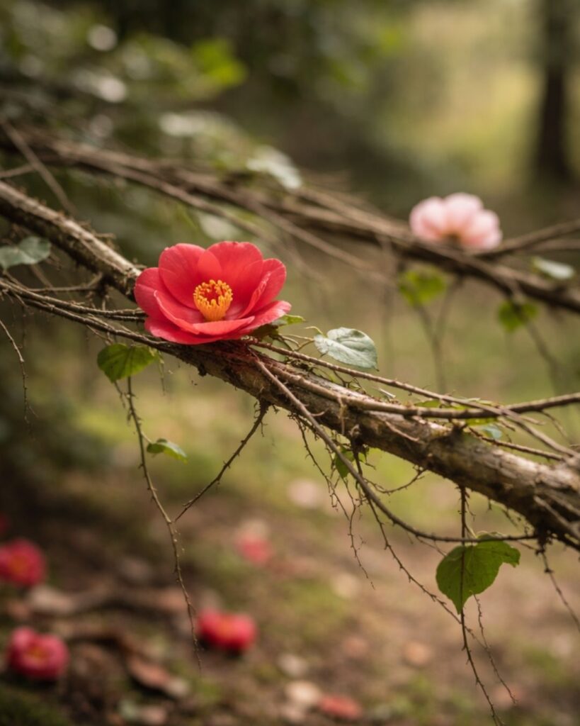 水原秋桜子の春の俳句5選vol.2-代表作をわかりやすく解説!「蔓からむ 枝をわたりぬ 落椿」この俳句をイメージした画像