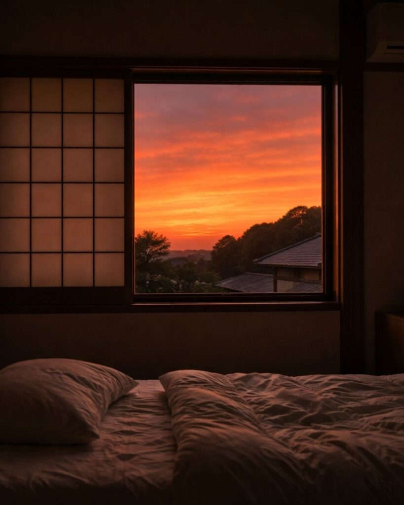 山口誓子の春の俳句5選vol.2-代表作をわかりやすく解説！「静臥の儘　春日落ちて　ただ茜」この俳句をイメージした画像