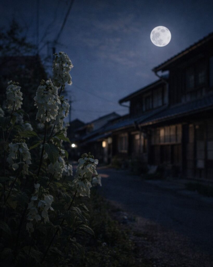 北原白秋の春の短歌5選vol.2–代表作をわかりやすく解説!「凋れゆく 高き花の香 身に染みつ 貧しき街の 春の夜の月」この短歌をイメージした画像