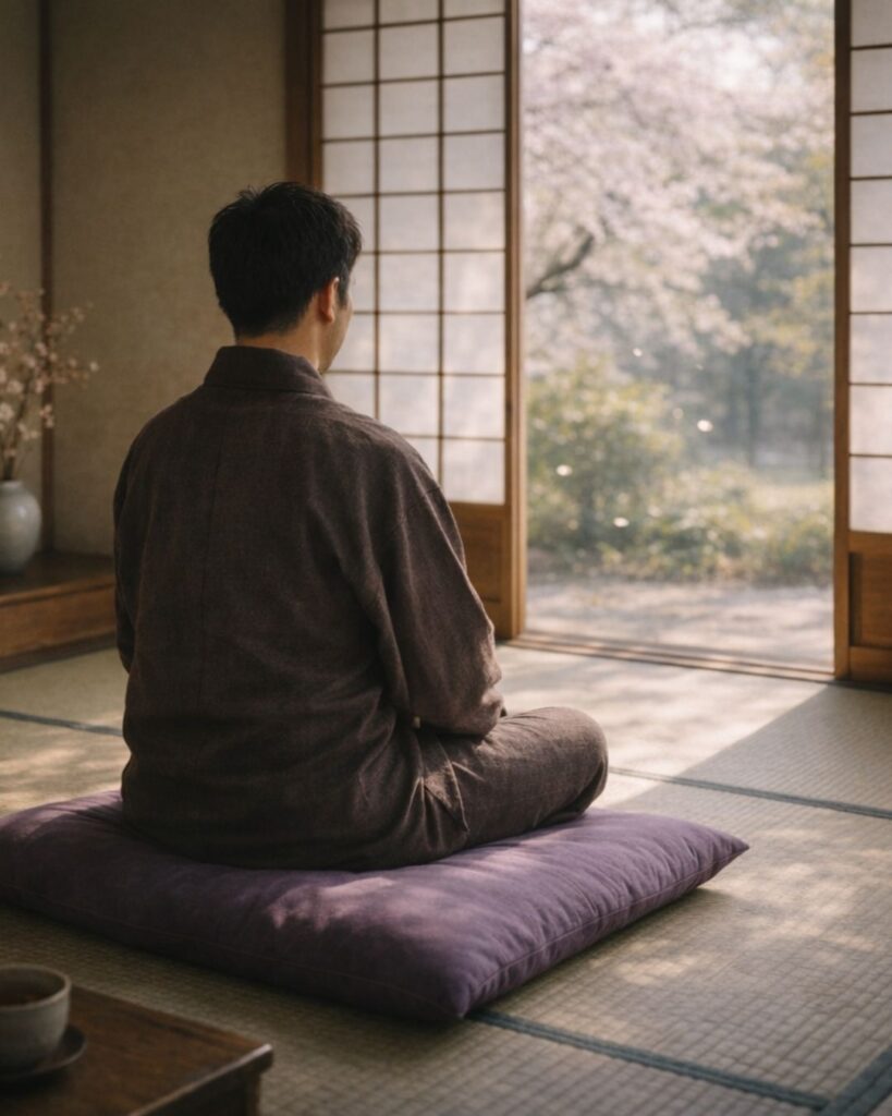 正岡子規の春の俳句5選vol.2-代表作をわかりやすく解説!「紫の 蒲團に坐る 春日かな」この俳句をイメージした画像