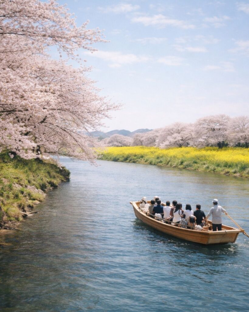 高浜虚子の春の俳句5選vol.2-代表作をわかりやすく解説！「花見船　菜の花見ゆる　あたり迄」この俳句をイメージした画像
