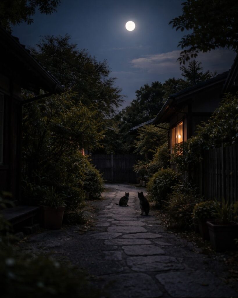 山口誓子の春の俳句5選vol.2-代表作をわかりやすく解説！「この月夜　いつか見たりき　猫の恋」この俳句をイメージした画像