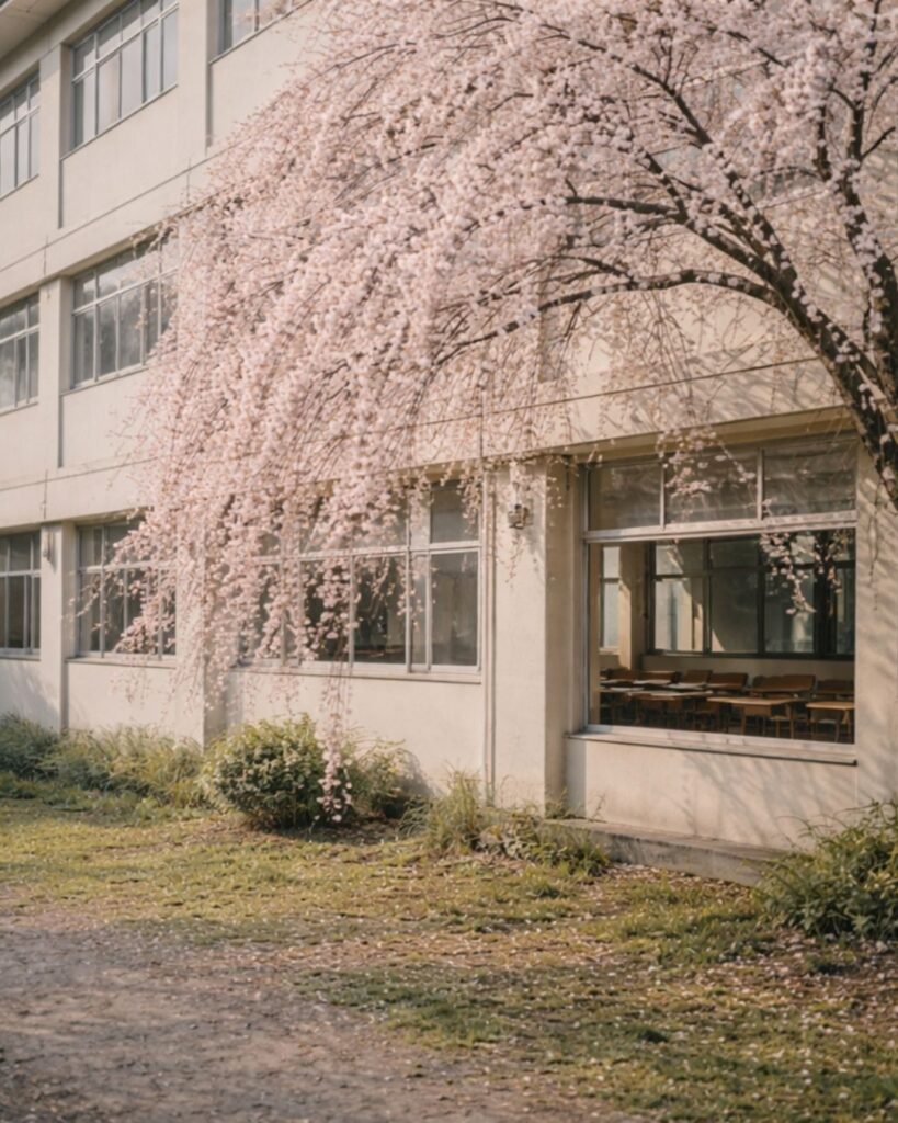 山口青邨の春の俳句5選vol.2-代表作をわかりやすく解説!「卒業の 窓に垂れたり 絲桜」この俳句をイメージした画像