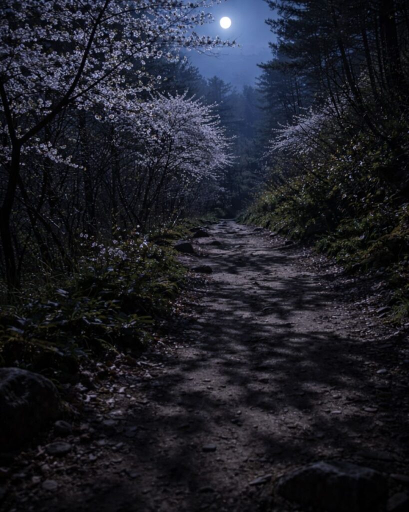 原石鼎の春の俳句5選-代表作をわかりやすく解説!「花影婆娑と 踏むべくありぬ 岨の月」この俳句をイメージした画像