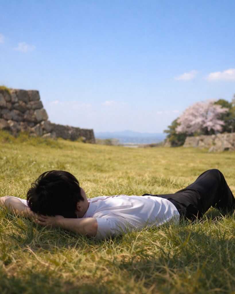 石川啄木の青春の短歌5選-空にひらくことば「教室の 窓より遁げて ただ一人 かの城址に 寝に行きしかな」この短歌をイメージした画像