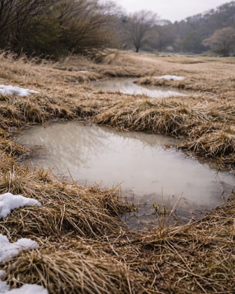 島木赤彦の春の短歌5選-代表作をわかりやすく解説！「ところどころ 野のくぼたみに たたへたる 雪解のにごり 静かなるかも」この短歌をイメージした画像