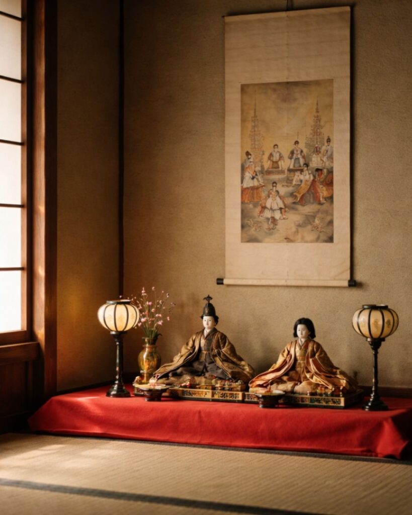 長塚節の春の短歌5選vol.2–代表作をわかりやすく解説!「古雛を かざりひ ゝなの 繪を掛けし その床の間に 向ひてすわりぬ」この短歌をイメージした画像