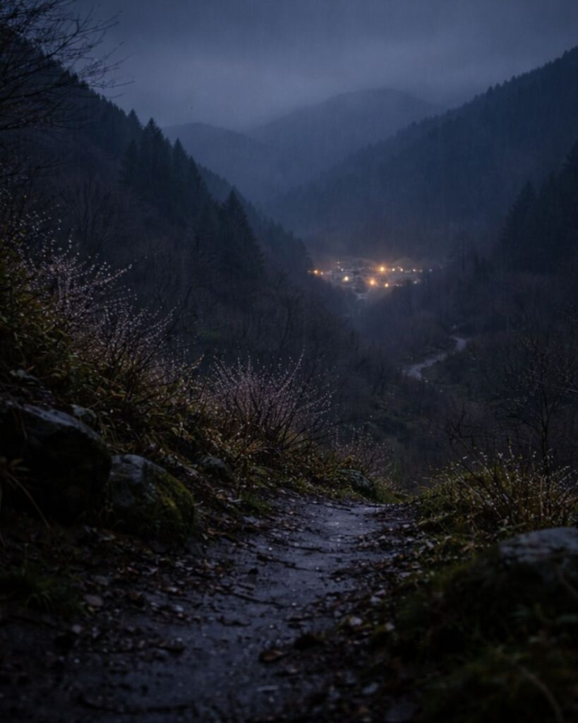 原石鼎の春の俳句5選-代表作をわかりやすく解説!「かゝる夜の 雨に春立つ 谷明り」この俳句をイメージした画像