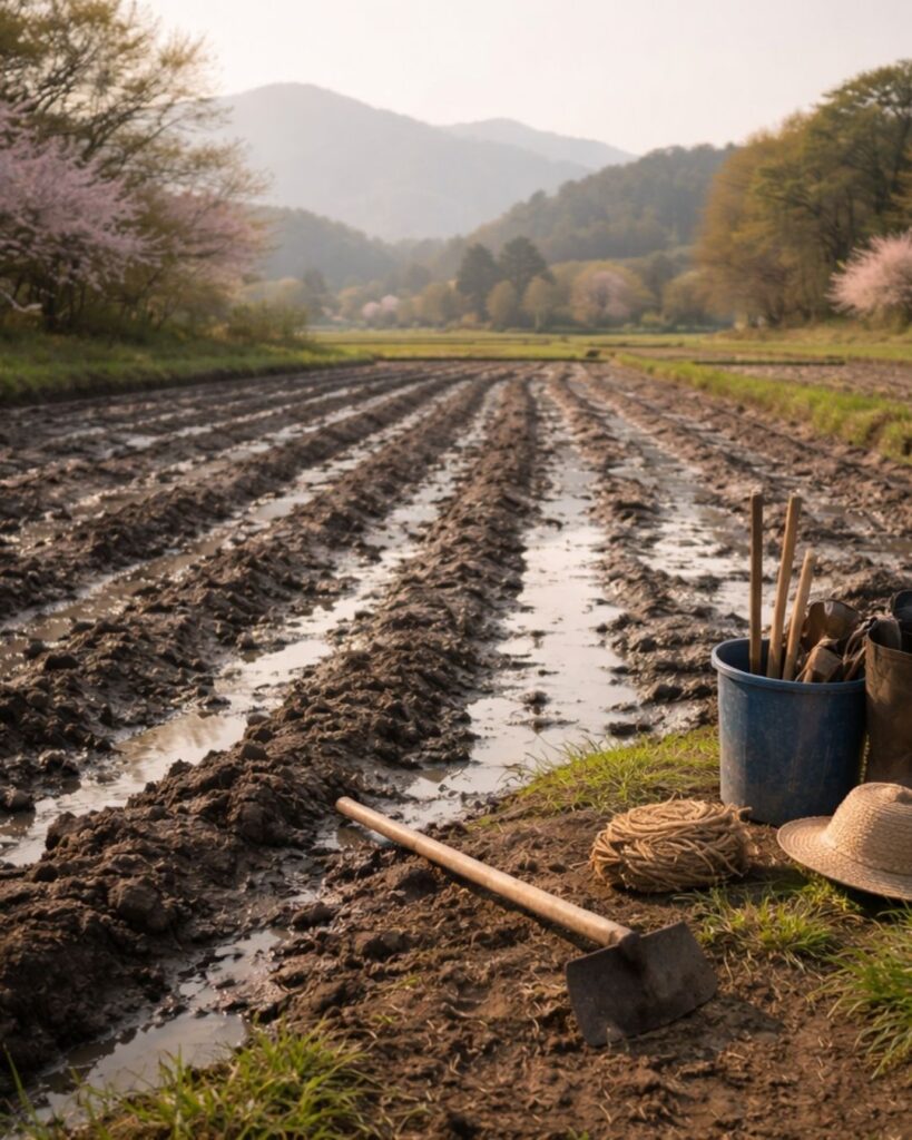 村上鬼城の春の俳句5選-代表作をわかりやすく解説！「生きかはり　死にかはりして　打つ田かな」この俳句をイメージした画像