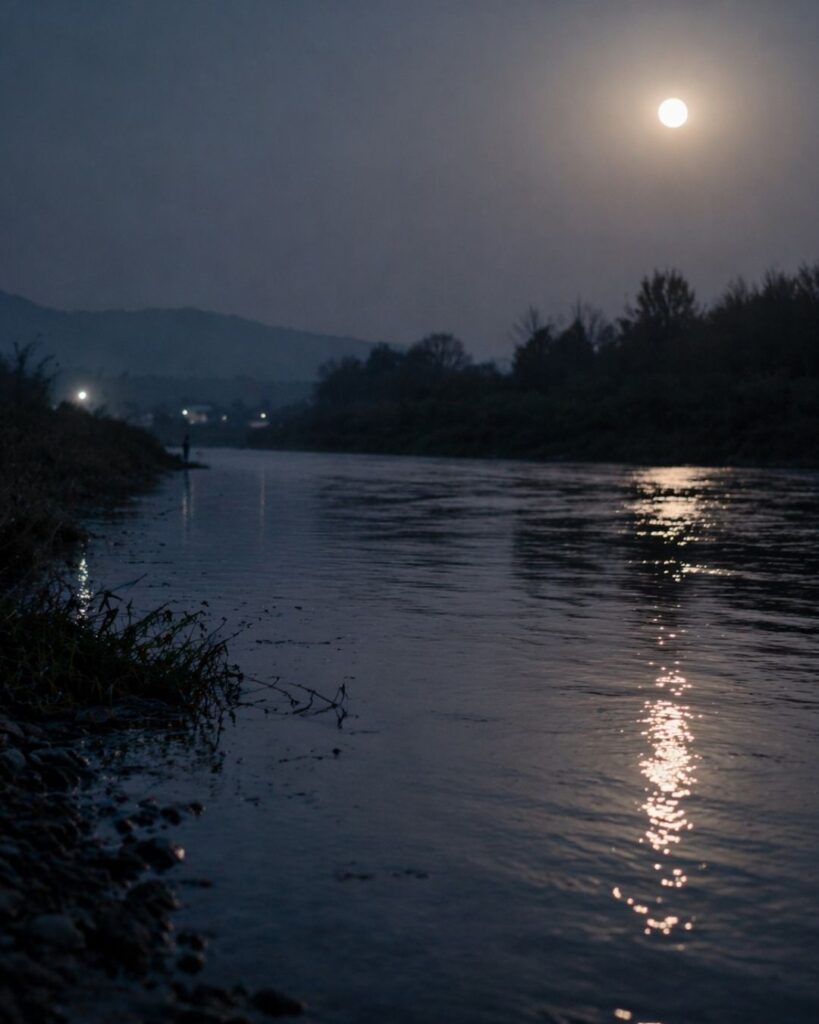 炭太祇の春の俳句5選-代表作をわかりやすく解説！「川下に　網うつ音や　おぼろ月」この俳句をイメージした画像
