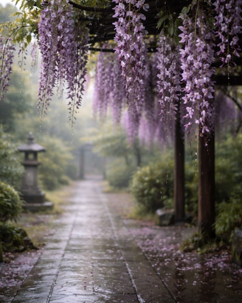 伊藤左千夫の春の短歌5選vol.2–代表作をわかりやすく解説！「亀井戸の 藤もをはりと 雨の日を からかささして ひとり見にこし」この短歌をイメージした画像