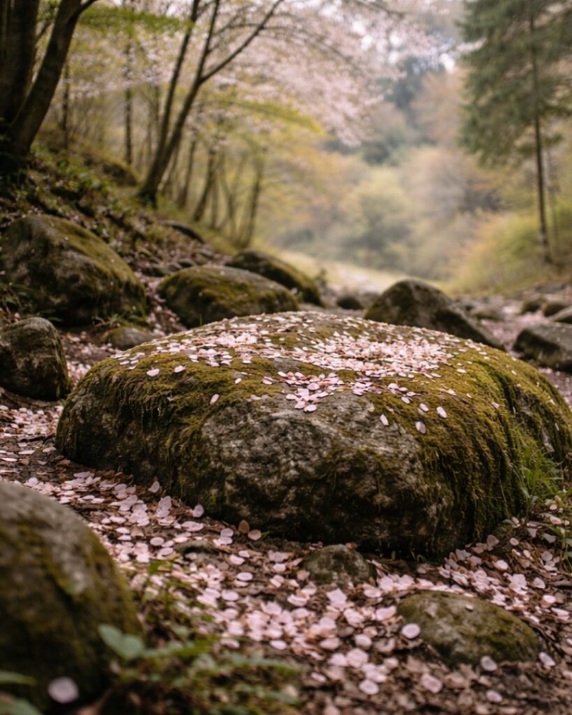 山口青邨の春の俳句5選vol.2-代表作をわかりやすく解説!「山ざくら 散りたる石に 憩ひけり」この俳句をイメージした画像