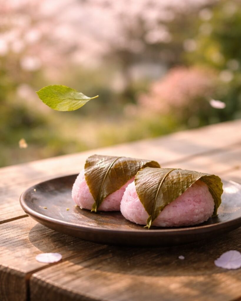 富安風生の春の俳句5選vol.2-代表作をわかりやすく解説!「花風に とびし一葉や 桜餅」この俳句をイメージした画像