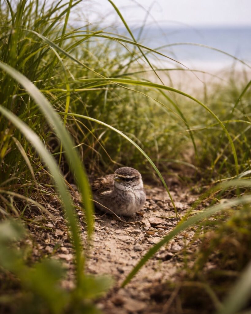原石鼎の春の俳句5選-代表作をわかりやすく解説!「浜草に 踏めば踏まるる 雀の子」この俳句をイメージした画像