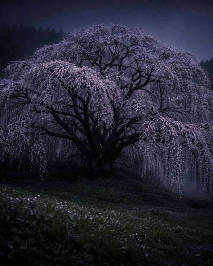 中村汀女の春の俳句5選vol.2-代表作をわかりやすく解説!「糸櫻 夜はみちのくの 露深く」この俳句をイメージした画像