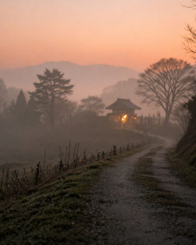 炭太祇の春の俳句5選-代表作をわかりやすく解説！「ふりむけば　灯とぼす関や　夕霞」この俳句をイメージした画像